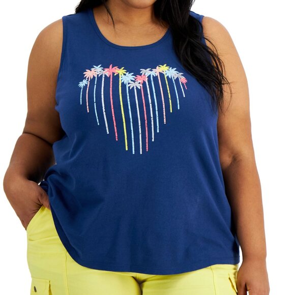 Style & Co Blue Women's Cotton Palm Heart Printed Tank Top in Size 2X - Picture 1 of 7
